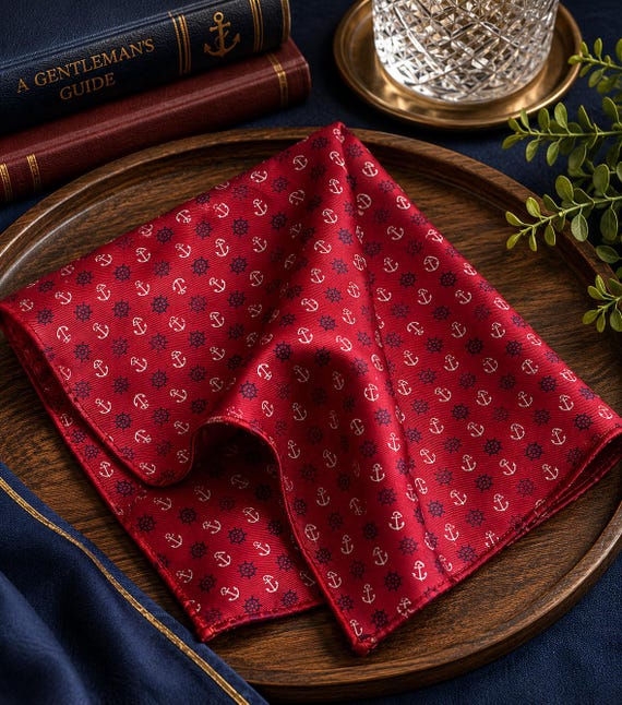 The Tie Bar Silk Pocket Square – Nautical Anchor & Ship Wheel Pattern
