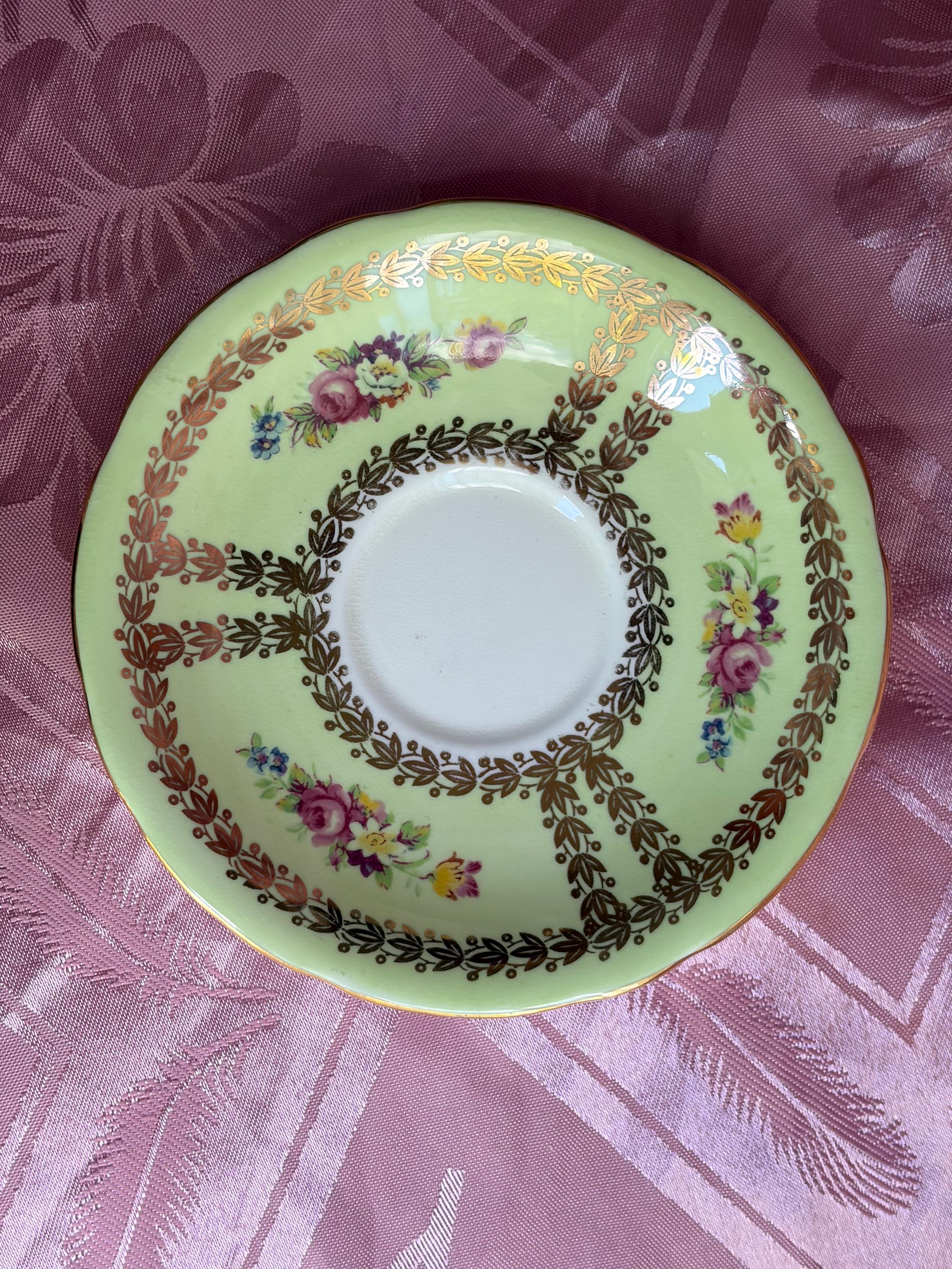 Vintage Aynsley Bone China Teacup & Saucer — Yellow or Green Gold Laurel, Floral Decor