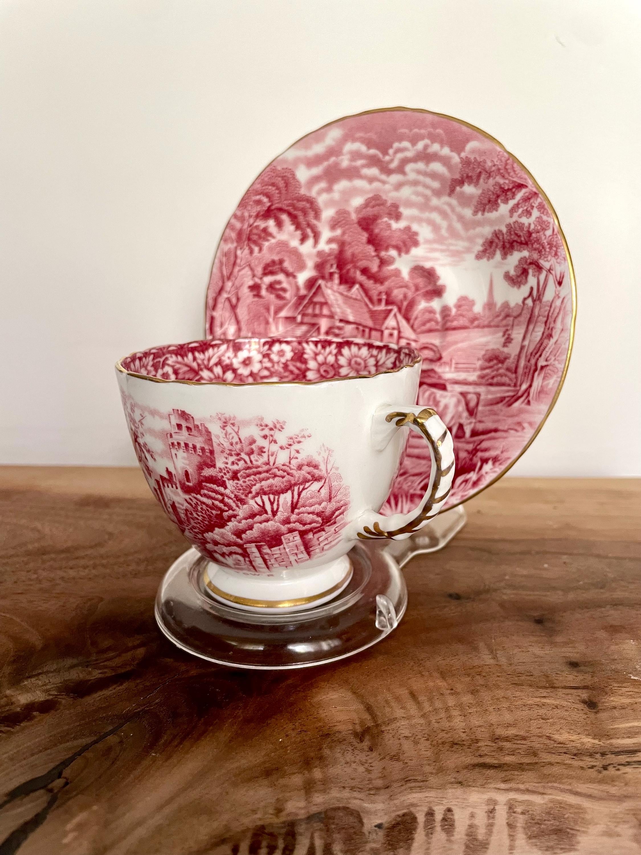 Vintage H & M Sutherland “Rural Scenes” Teacup with Saucer – Red Transferware – Made in England