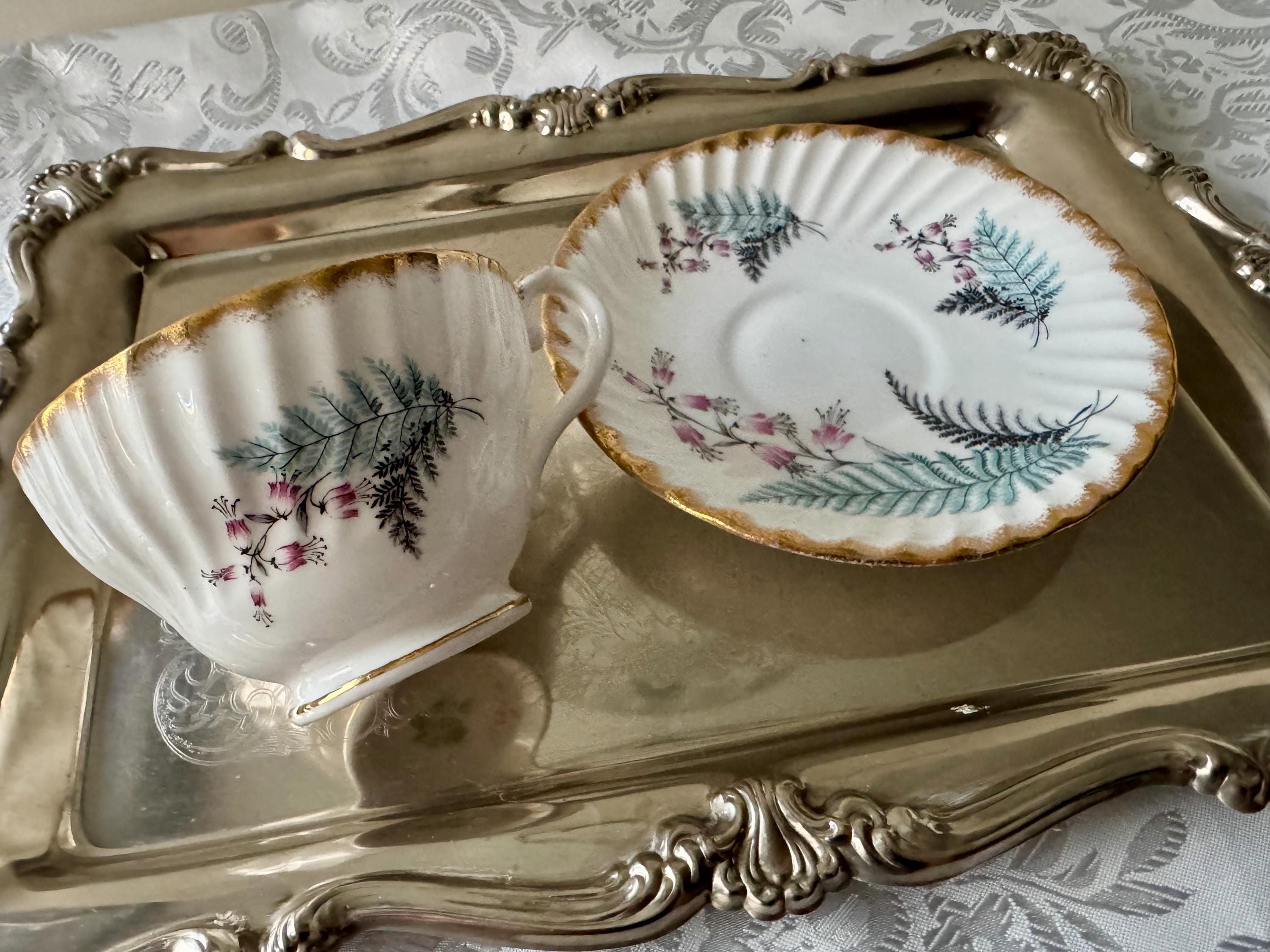 Vintage Stanley Bone China Teacup Set – Fern & Heather, Gold Trim