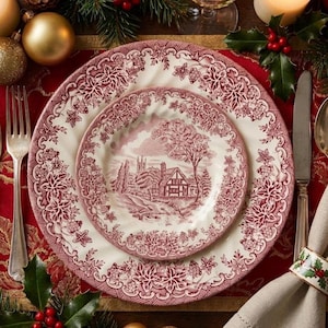 Pu&ograve; includere: Un set di due piatti in ceramica con un motivo floreale rosso e bianco. Il piatto pi&ugrave; piccolo presenta un'illustrazione rossa e bianca di una casa e di un albero. I piatti sono su una tovaglia rossa con decorazioni natalizie.