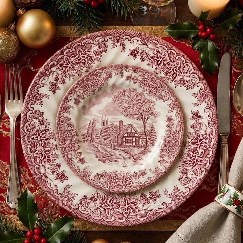 Pu&ograve; includere: Un set di due piatti in ceramica con un motivo floreale rosso e bianco. Il piatto pi&ugrave; piccolo presenta un'illustrazione rossa e bianca di una casa e di un albero. I piatti sono su una tovaglia rossa con decorazioni natalizie.