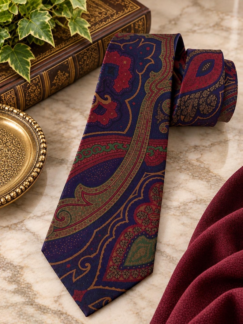 Pode incluir: Uma gravata com base azul-escura e um intrincado padr&atilde;o paisley em tons de vermelho profundo, verde-oliva e dourado. O tecido apresenta uma textura lisa com um design ornamental repetitivo que cobre todo o comprimento da gravata.