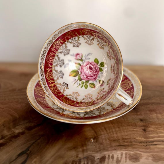 Vintage Royal Stafford Bone China Teacup & Saucer – Crimson Red Gold Filigree with Pink Rose