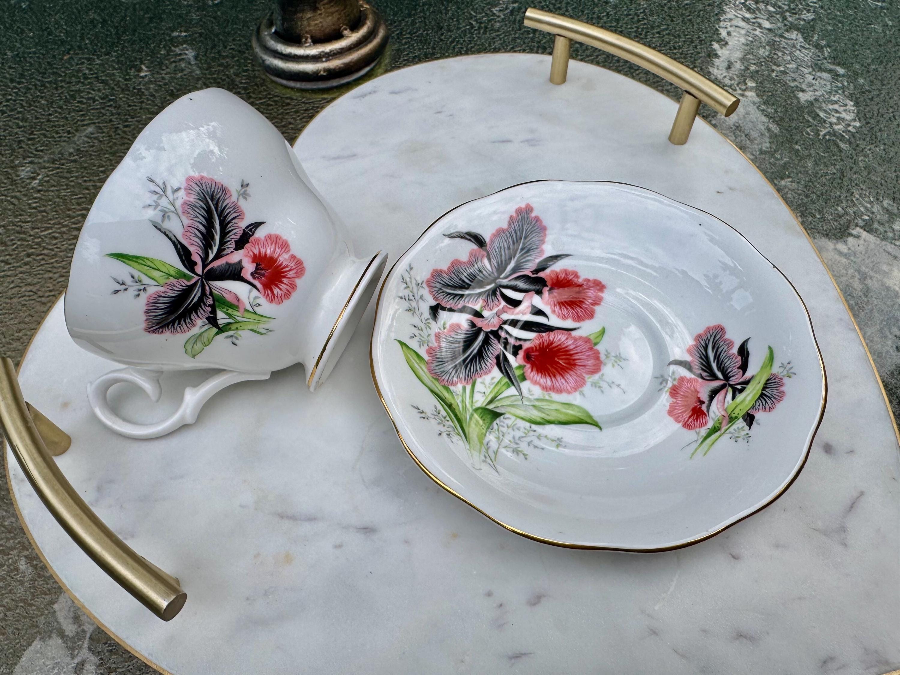 Vintage Queen Anne Bone China Teacup & Saucer – Dramatic Pink Black Orchid Blooms