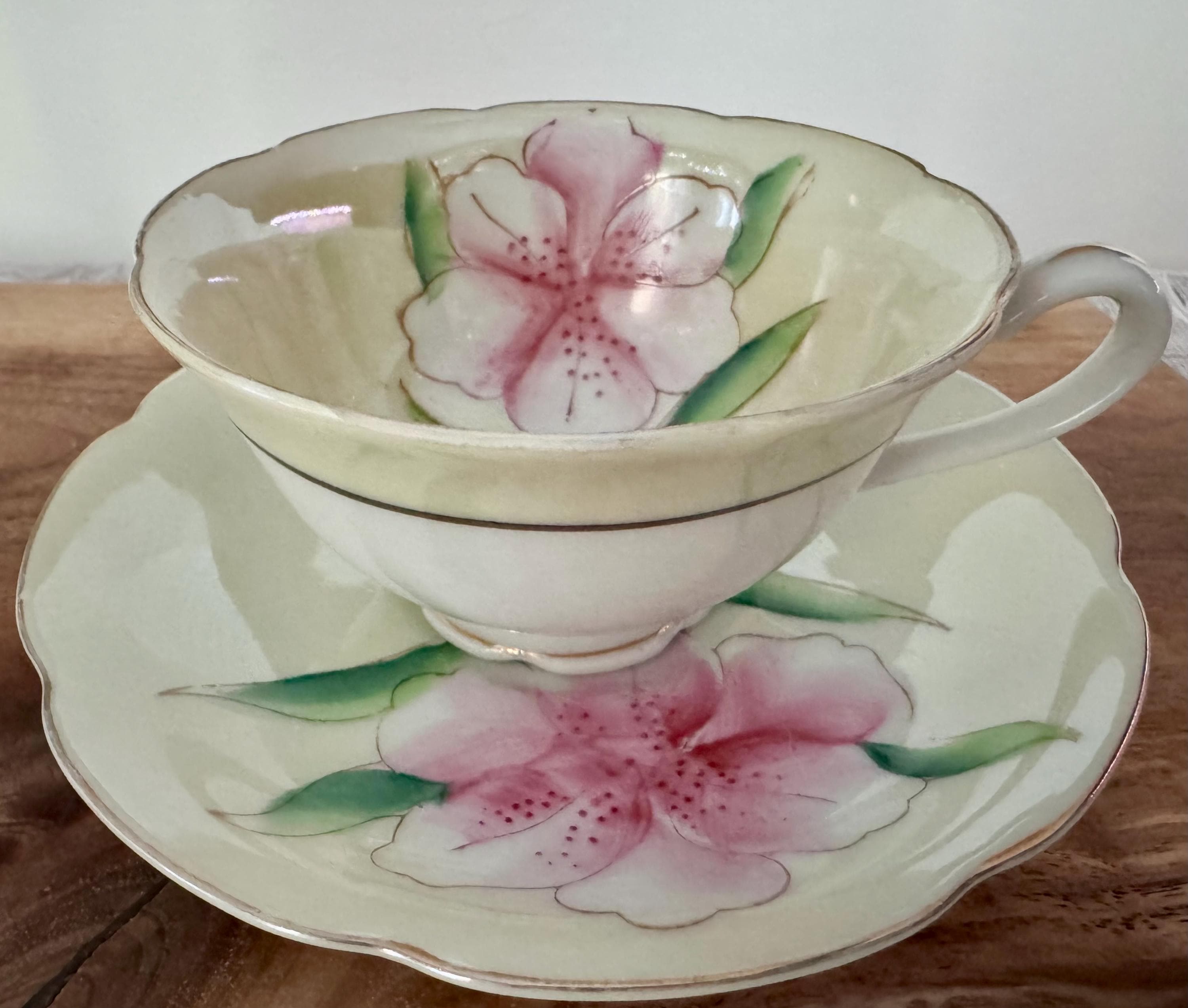 Vintage Shafford Hand-Painted Japanese Teacup & Saucer – Pink Azalea Blossom on Cream Glaze