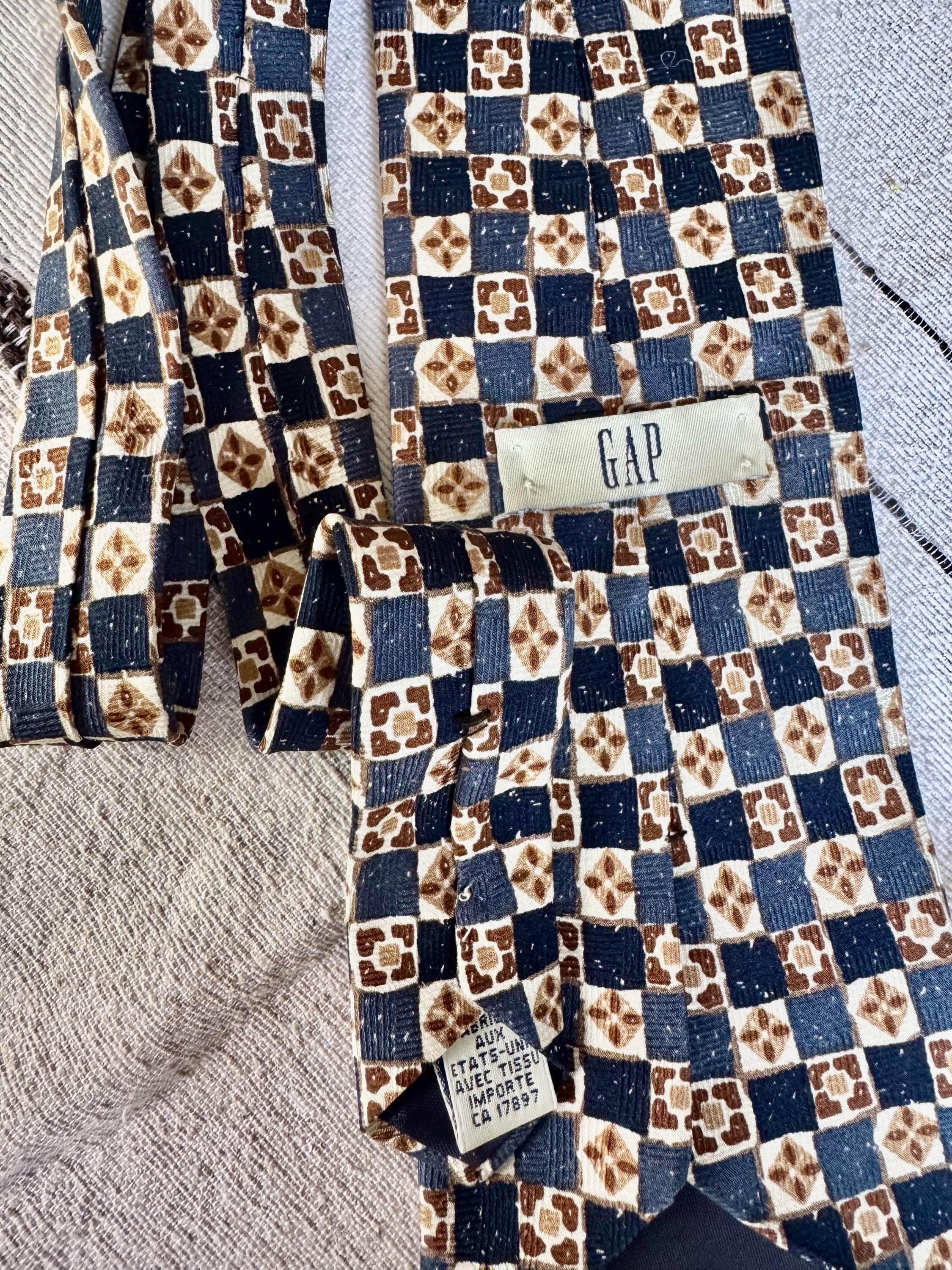 Vintage 100% Silk Ties — Made in USA or Canada — Navy, Cream, Bronze Geometric Pattern