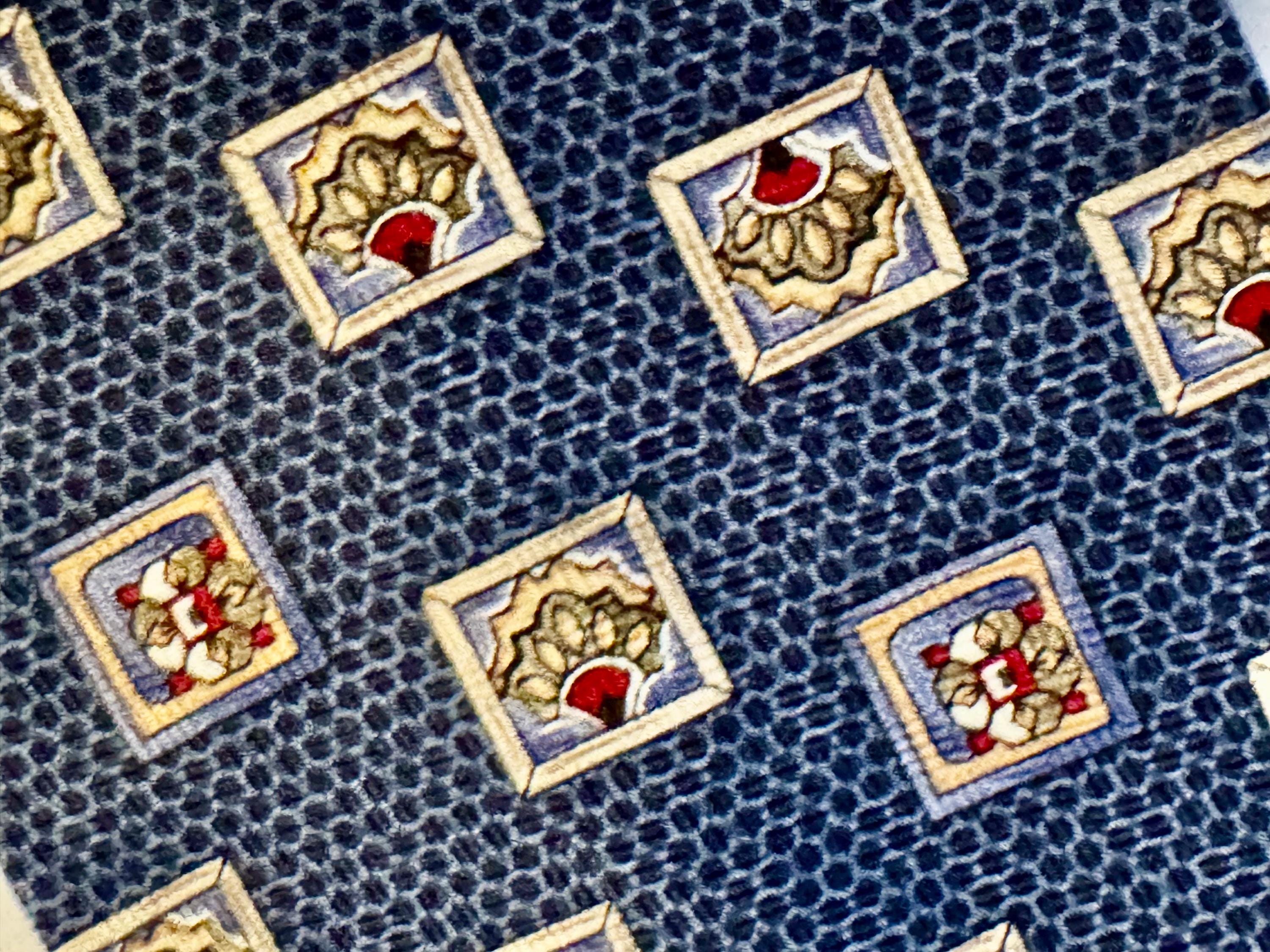Vintage Bill Blass 100% Silk Tie — Made in Canada — Navy Geometric Medallion