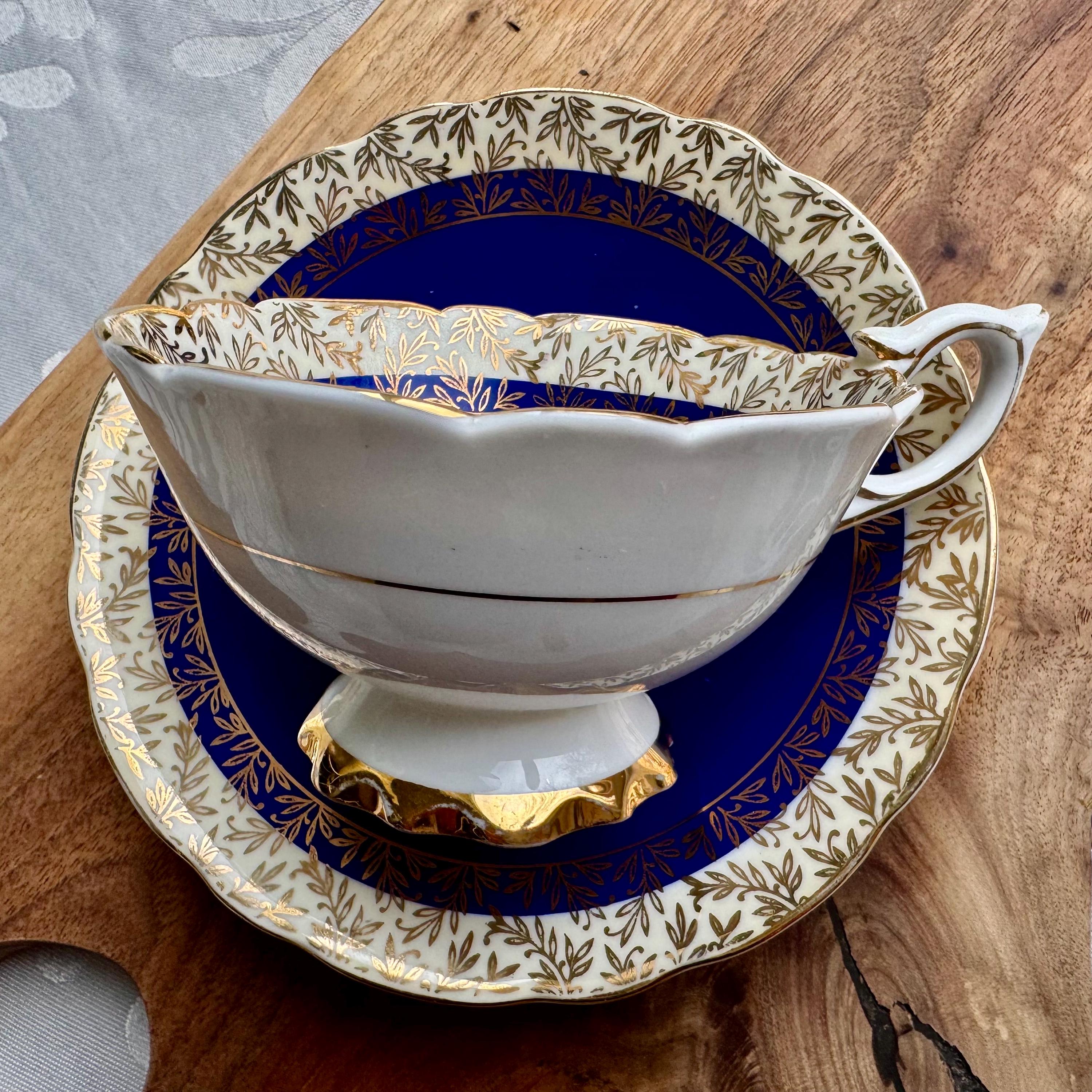 Vintage Royal Stafford Cobalt Blue Gold Teacup & Saucer – Made in England