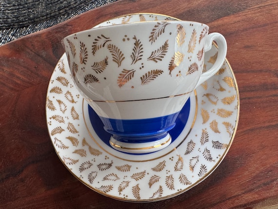 Vintage Crownford Bone China Teacup & Saucer: Cobalt Blue, Gold Laurel Leaf