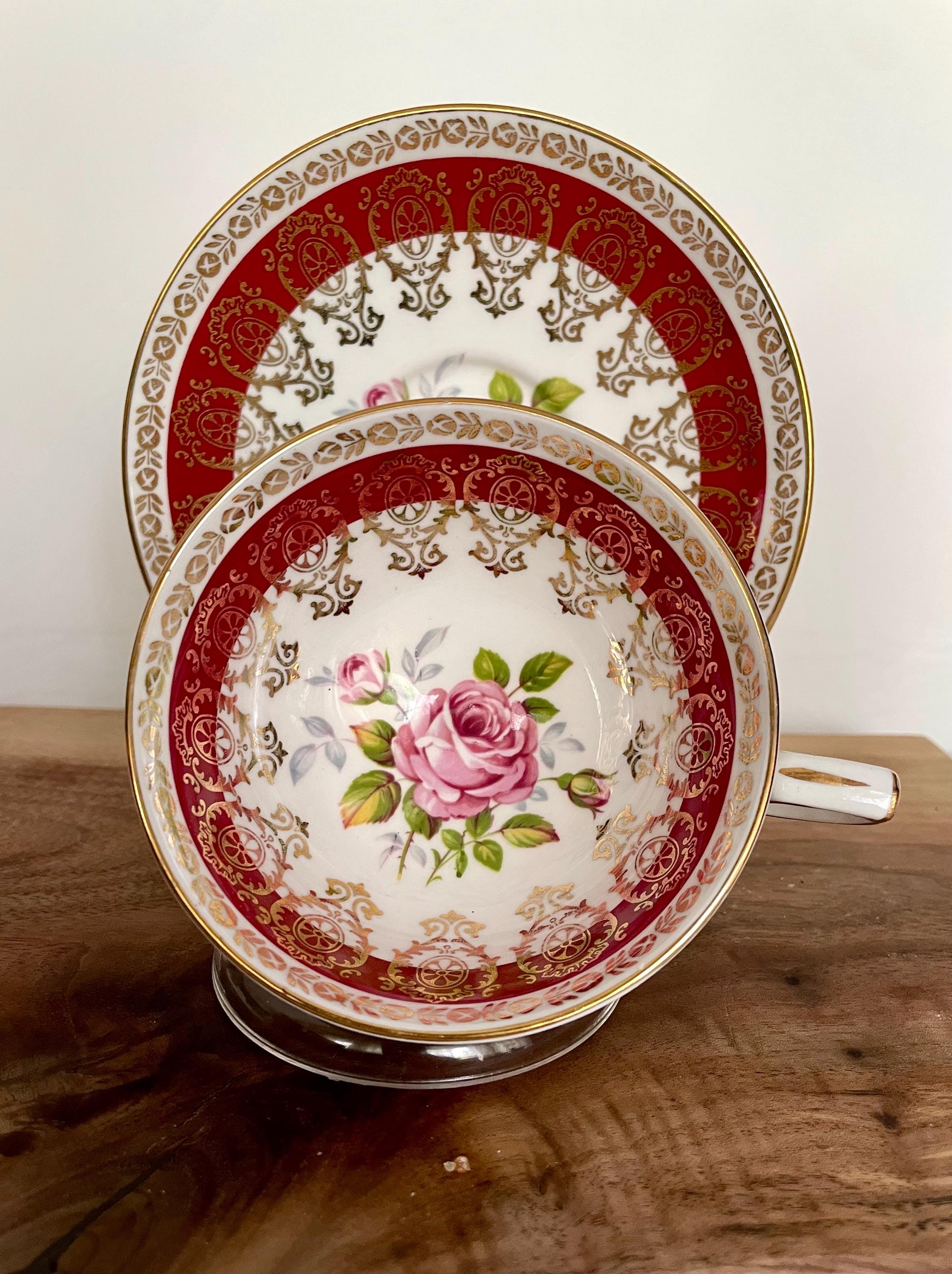 Vintage Royal Stafford Bone China Teacup & Saucer – Crimson Red Gold Filigree with Pink Rose