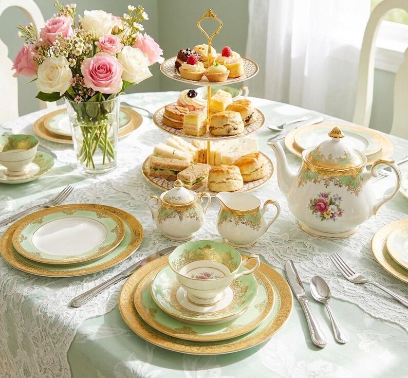 Paragon « Vert menthe avec filigrane doré » – Tasse et soucoupe en porcelaine fine vintage – Angleterre image 5