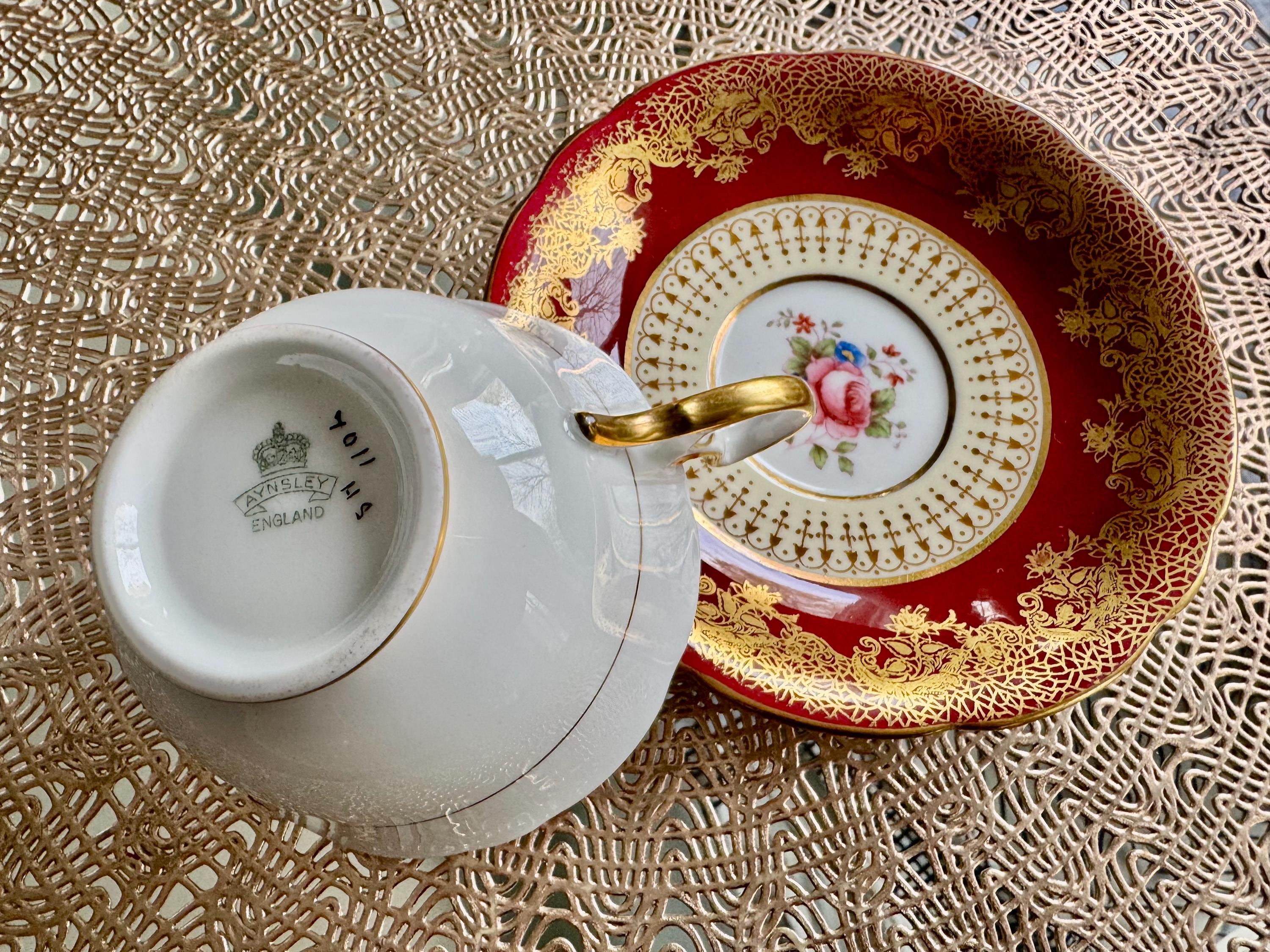 Vintage Aynsley England – Red Gold Filigree Floral Teacup & Saucer