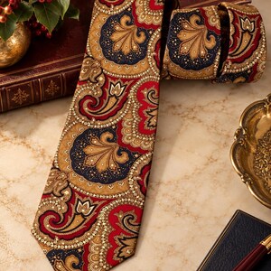 May include: A necktie featuring a complex paisley pattern in deep red, navy blue, and tan. The design includes intricate floral-inspired motifs and swirling shapes with fine white dotted accents throughout the fabric, creating a dense, ornate visual texture.