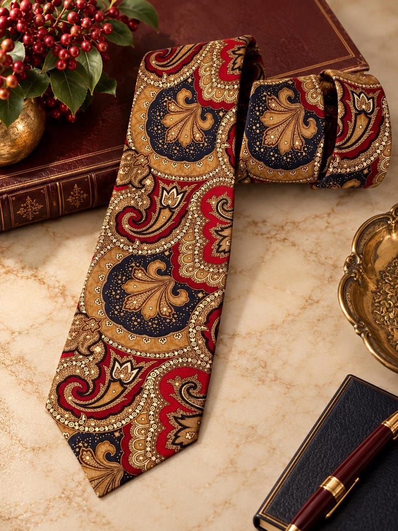 May include: A necktie featuring a complex paisley pattern in deep red, navy blue, and tan. The design includes intricate floral-inspired motifs and swirling shapes with fine white dotted accents throughout the fabric, creating a dense, ornate visual texture.
