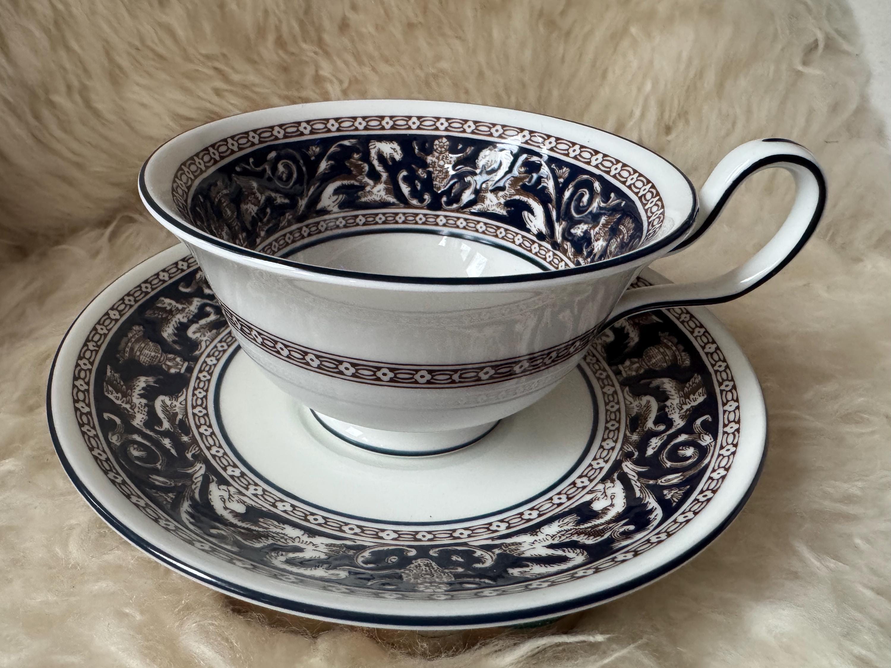 Wedgwood Florentine Teacup & Saucer – Blue Brown – Bone China England