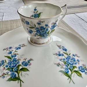 May include: A white porcelain teacup and saucer set with a blue and green floral pattern. The cup and saucer feature a delicate floral design with forget-me-not flowers.