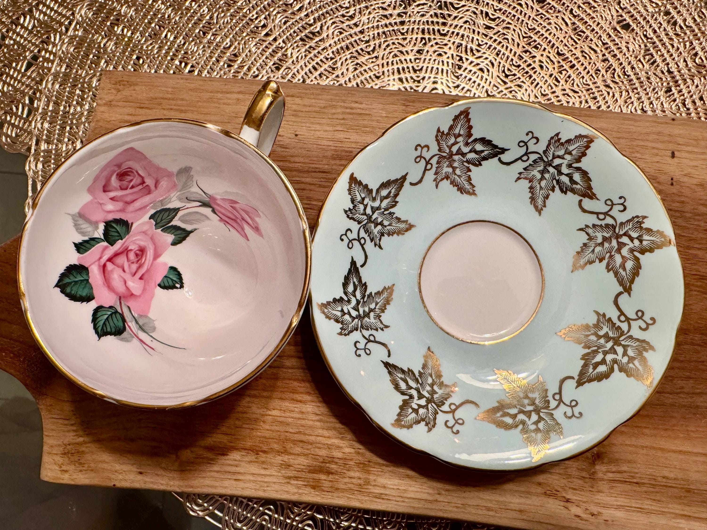 Vintage Sutherland Bone China Cup and Saucer: Pale Blue, Gold Leaves, Pink Roses
