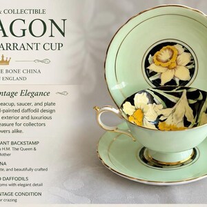 May include: A mint green Paragon fine bone china teacup and saucer set featuring a hand-painted yellow daffodil design with black accents and gold trim. The text reads BEAUTIFUL & COLLECTIBLE PARAGON DOUBLE WARRANT CUP ENGLISH FINE BONE CHINA.