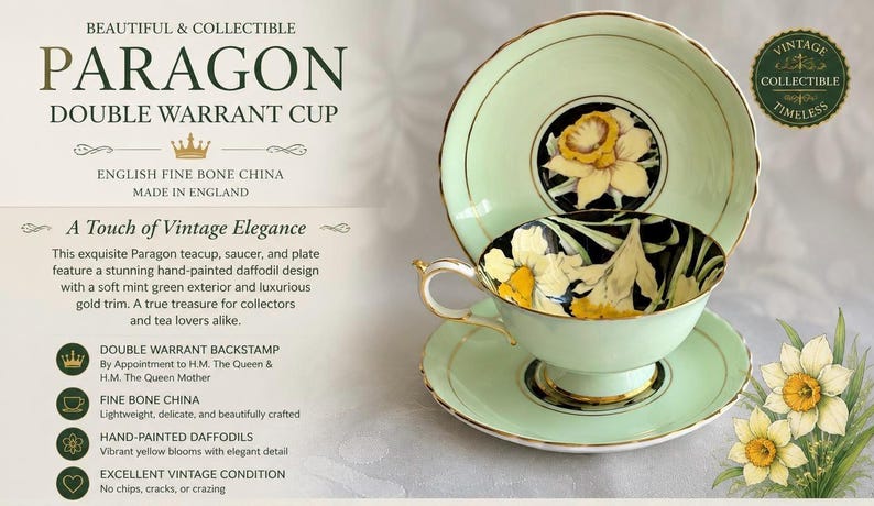 May include: A mint green Paragon fine bone china teacup and saucer set featuring a hand-painted yellow daffodil design with black accents and gold trim. The text reads BEAUTIFUL & COLLECTIBLE PARAGON DOUBLE WARRANT CUP ENGLISH FINE BONE CHINA.