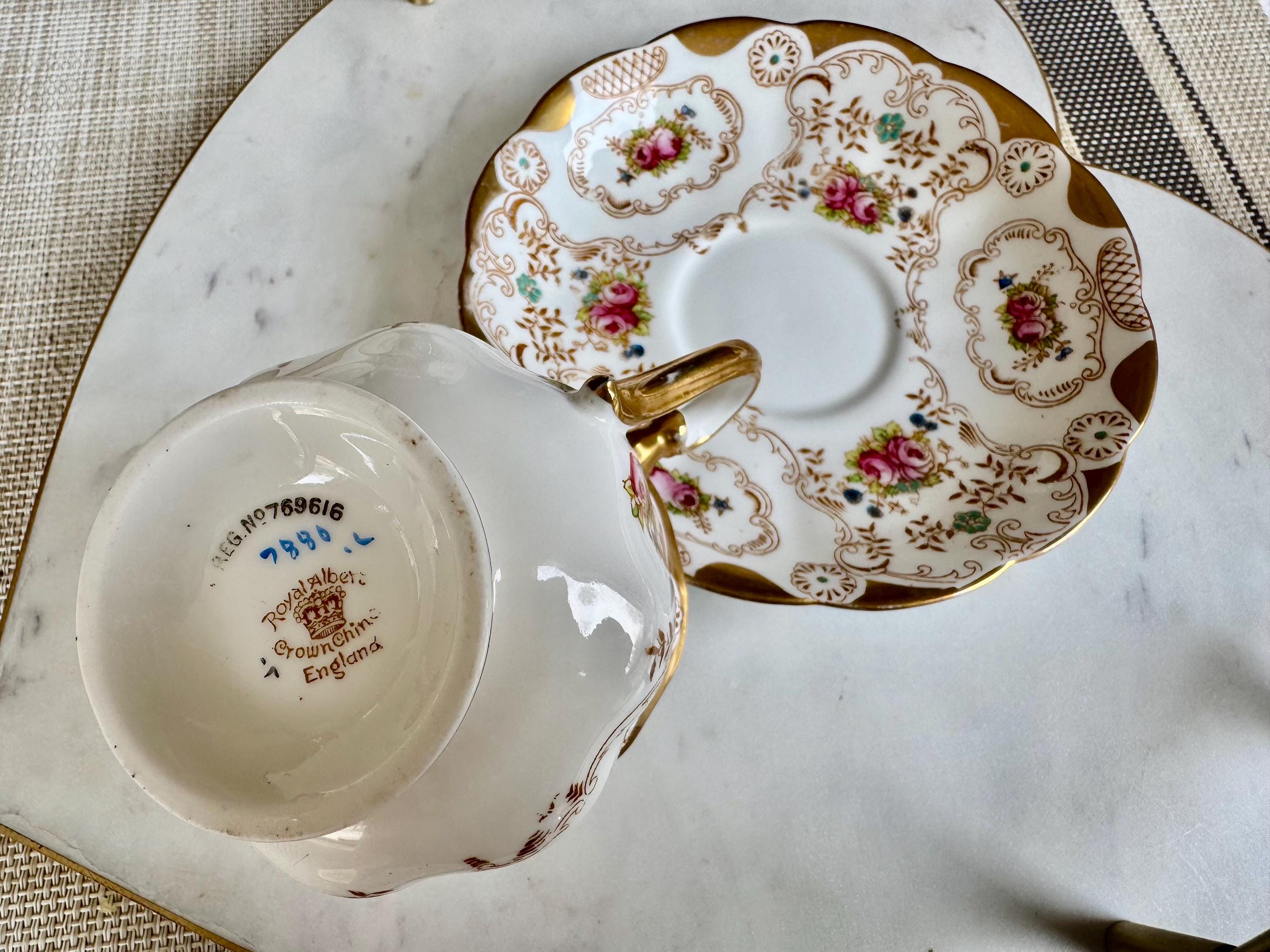 Antique Royal Albert Teacup & Saucer: Hand-Painted Roses, Gold Encrusted, c. 1925