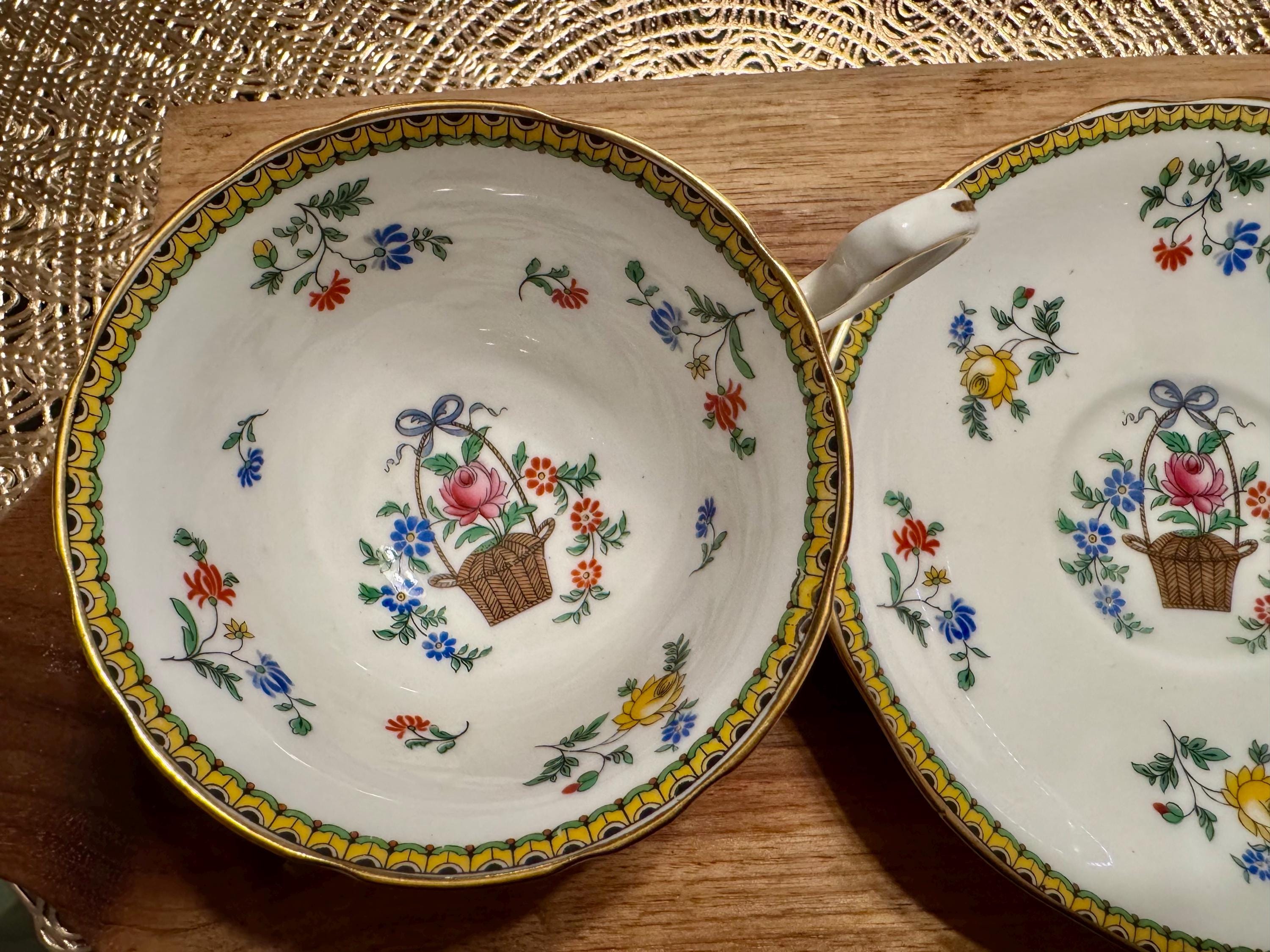 Vintage Aynsley Bone China Cup and Saucer: Basket of Flowers, Made in England (1930s-1940s)