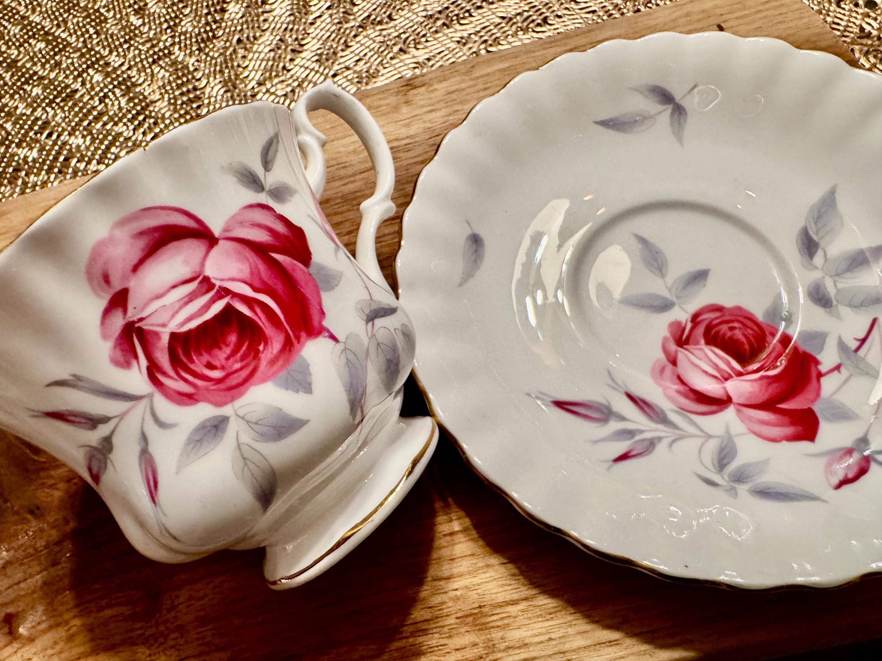 Vintage Royal Albert Bell Shape Cup and Saucer - Red Rose Pattern with Gold Trim