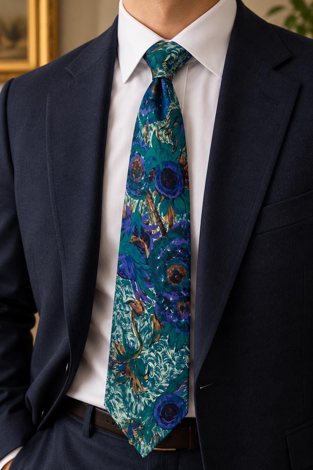 Vintage Italseta 100% Silk Tie — Made in Italy — Teal Purple Floral Pattern