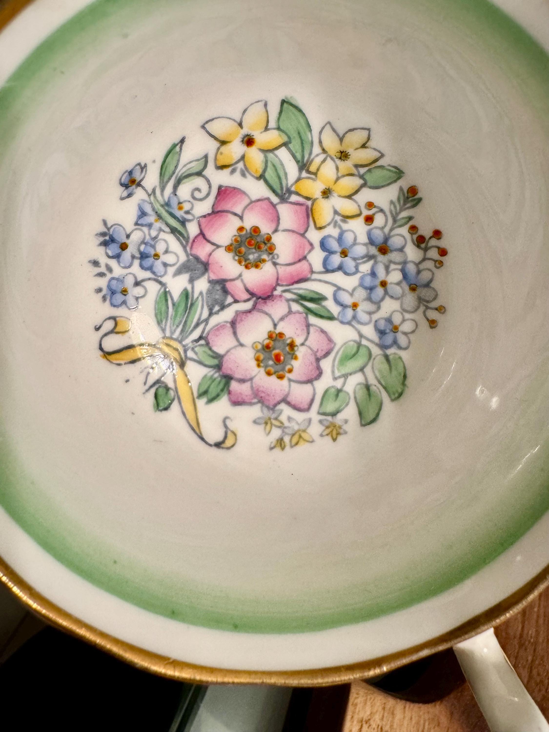 Vintage Royal Albert Bone China Cup and Saucer: Floral Bouquet, Green Trim