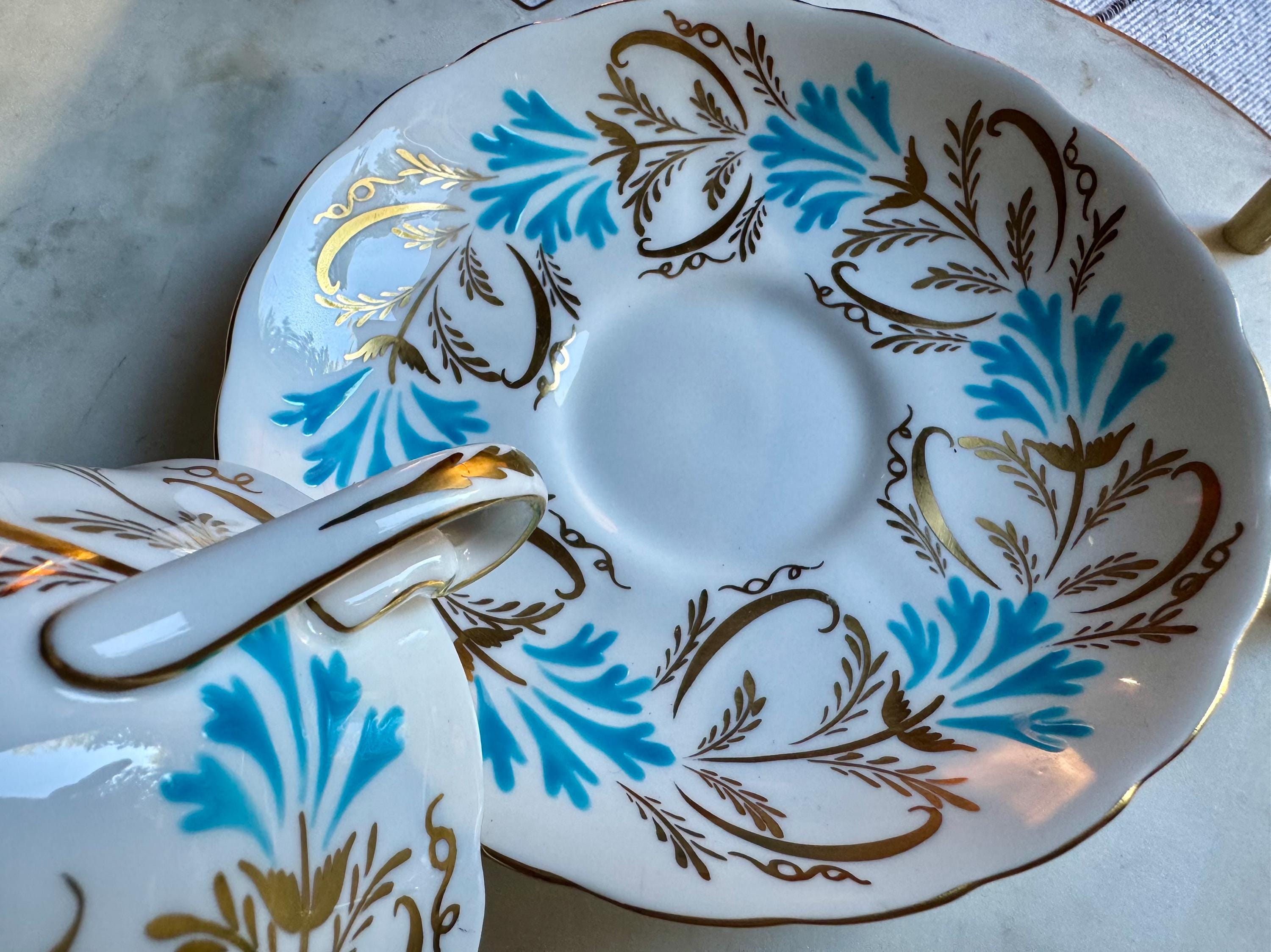 Vintage Royal Chelsea Bone China Teacup & Saucer – Pattern 4983A, Hand Decorated Turquoise Gold