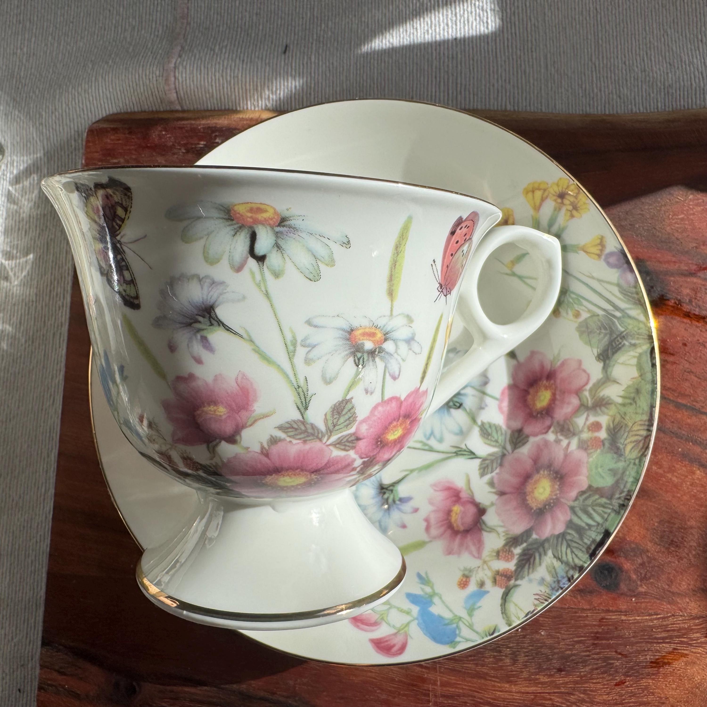 Bella Lux Gracie Bone China Teacup & Saucer - Delicate Floral Elegance