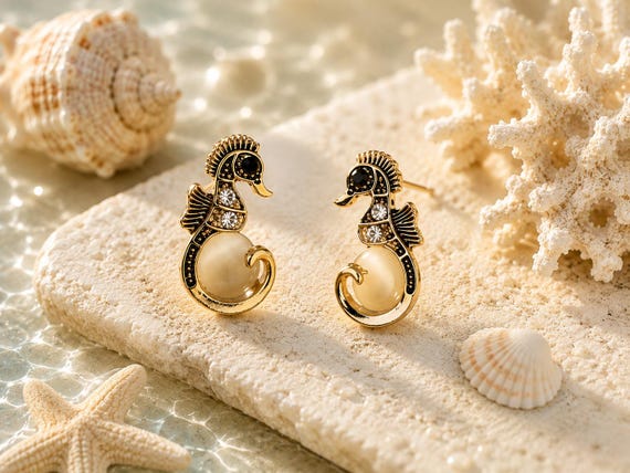 Vintage Inspired Gold Tone Seahorse Stud Earrings with Rhinestones & Cat’s Eye Detail