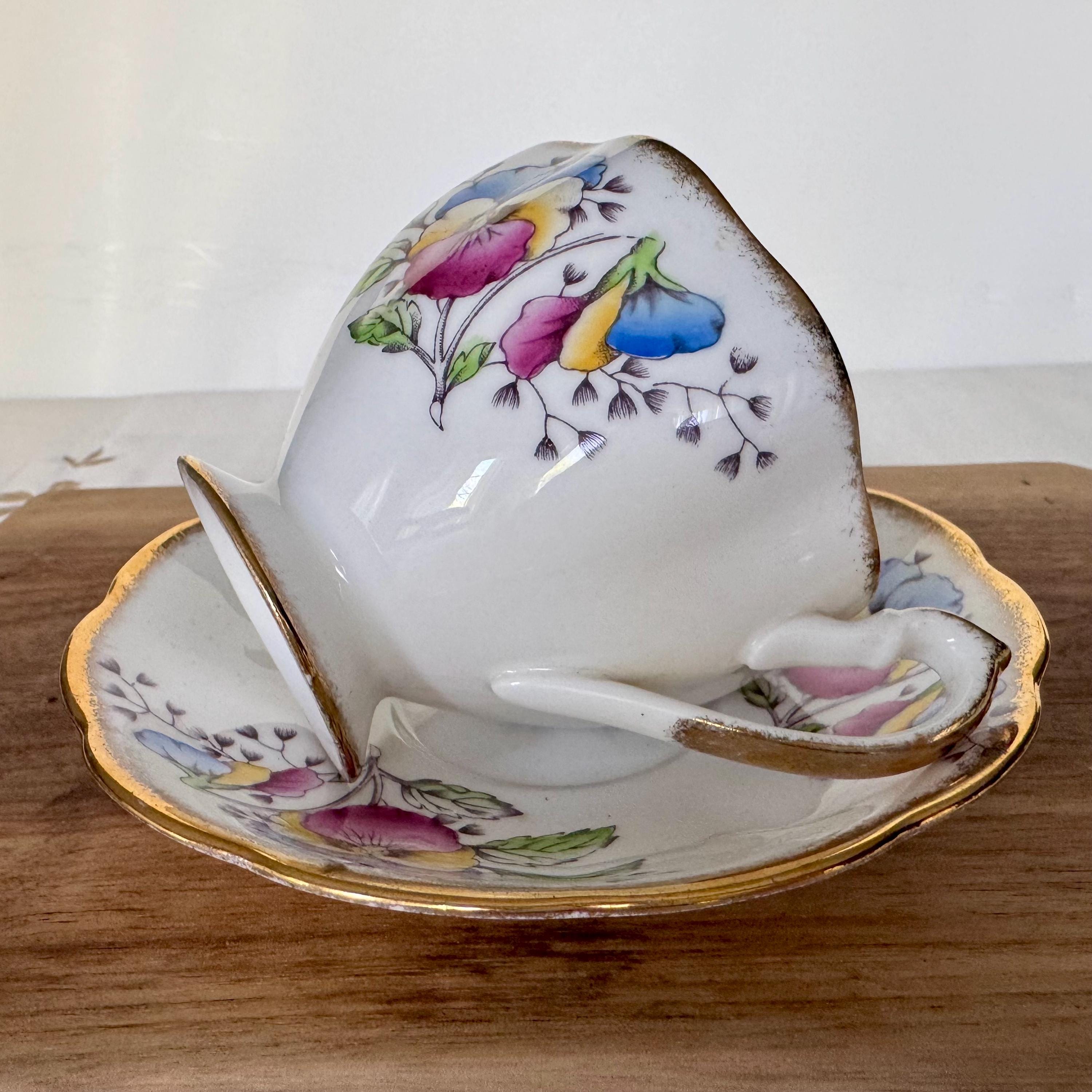 Vintage Queen Anne Teacup and Saucer – “Country Gardens: Pansy” – Multicolor Florals with Gold Trim