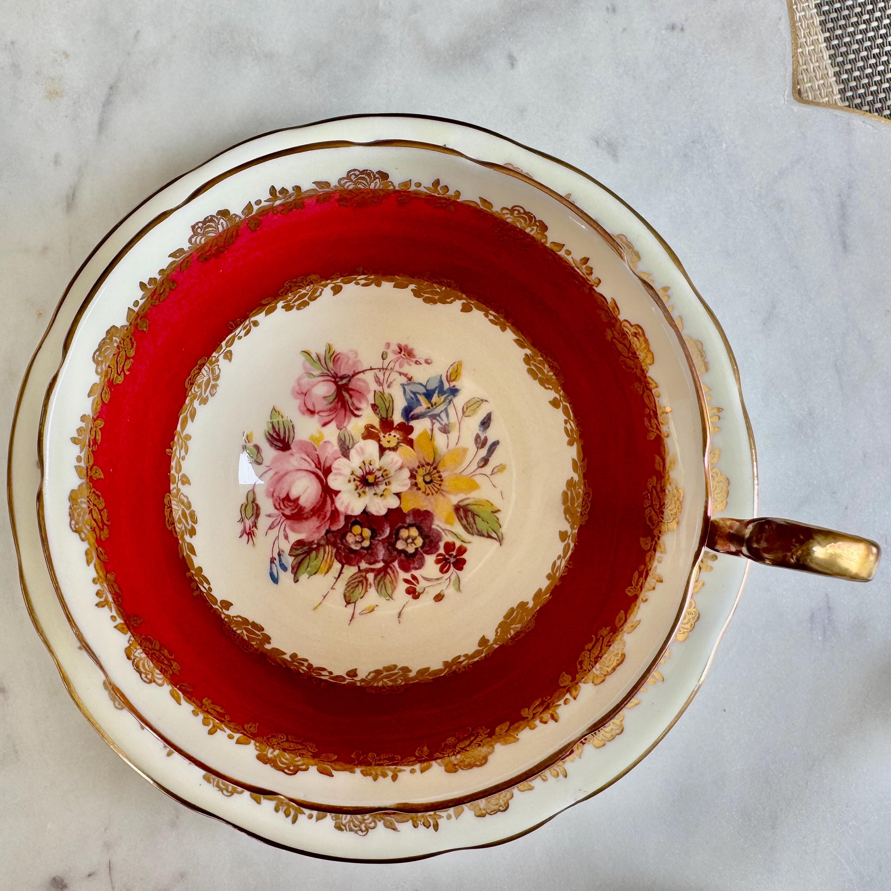 Vintage Aynsley Teacup and Saucer: Burgundy Floral, Gold Trim, Made in England