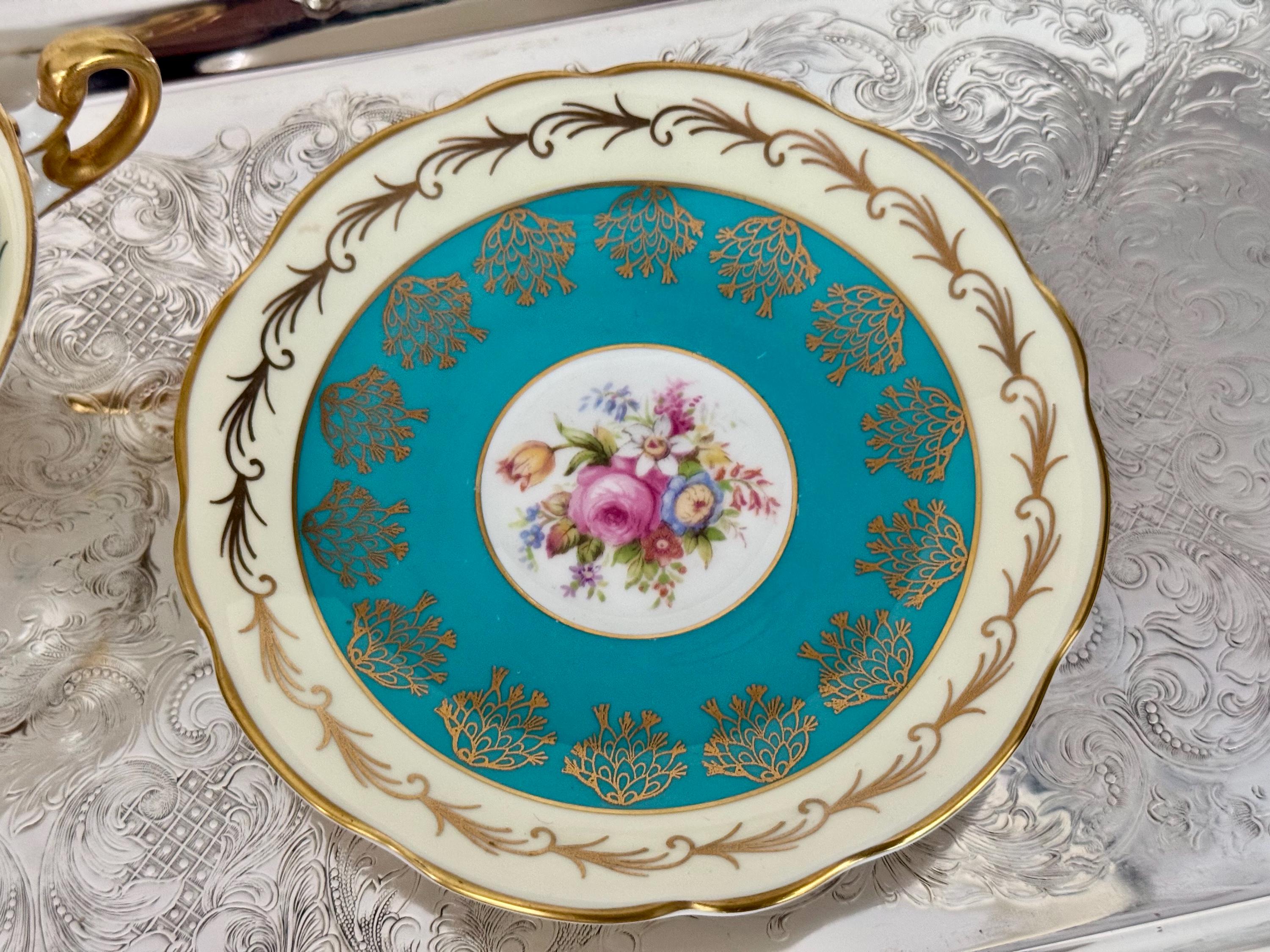 Vintage Foley Bone China Teacup & Saucer – Turquoise Gold with Floral Bouquet – Made in England