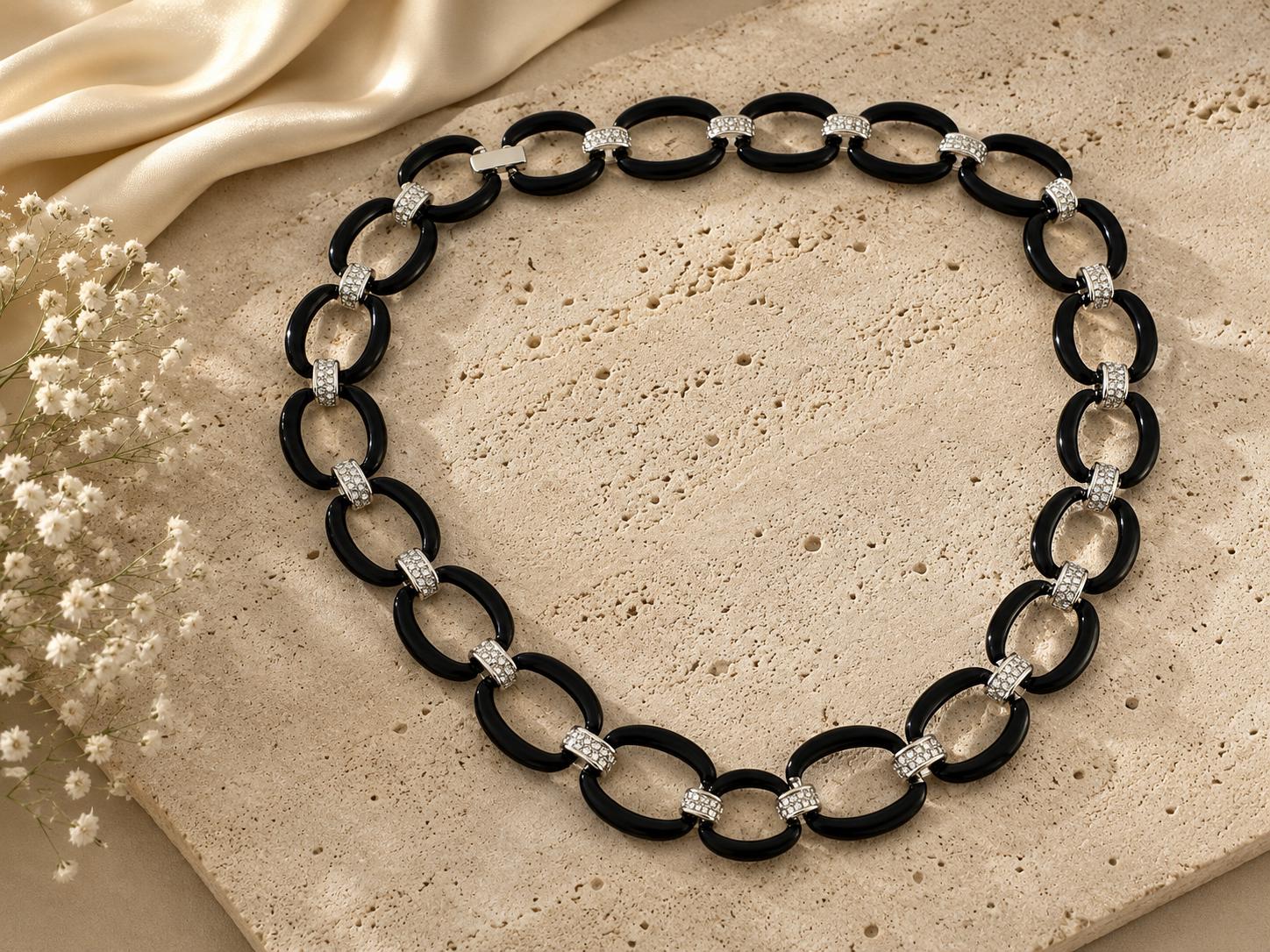 Vintage Butler Black Link Statement Necklace with Rhinestone Accents – Bold Retro Glam Jewelry
