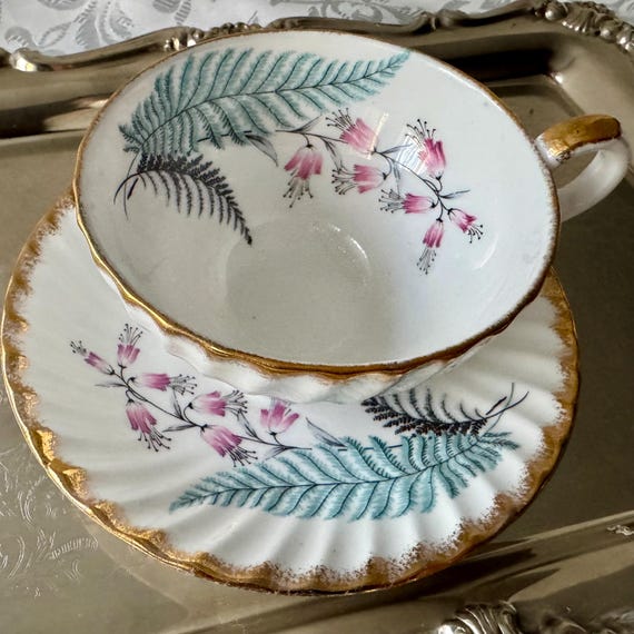 Vintage Stanley Bone China Teacup Set – Fern & Heather, Gold Trim