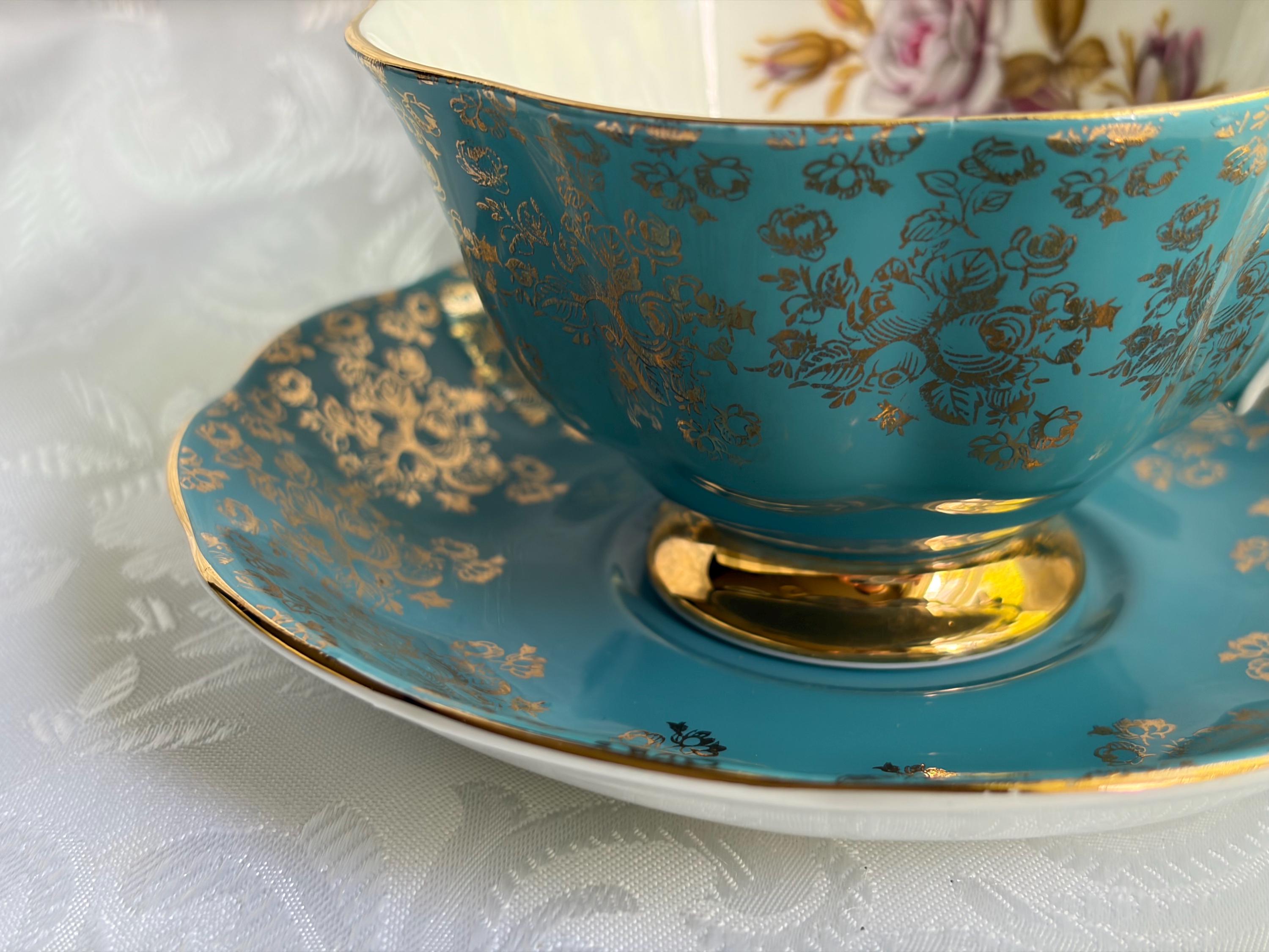 Royal Albert Turquoise Gold Bone China Teacup Saucer – Rose Floral England