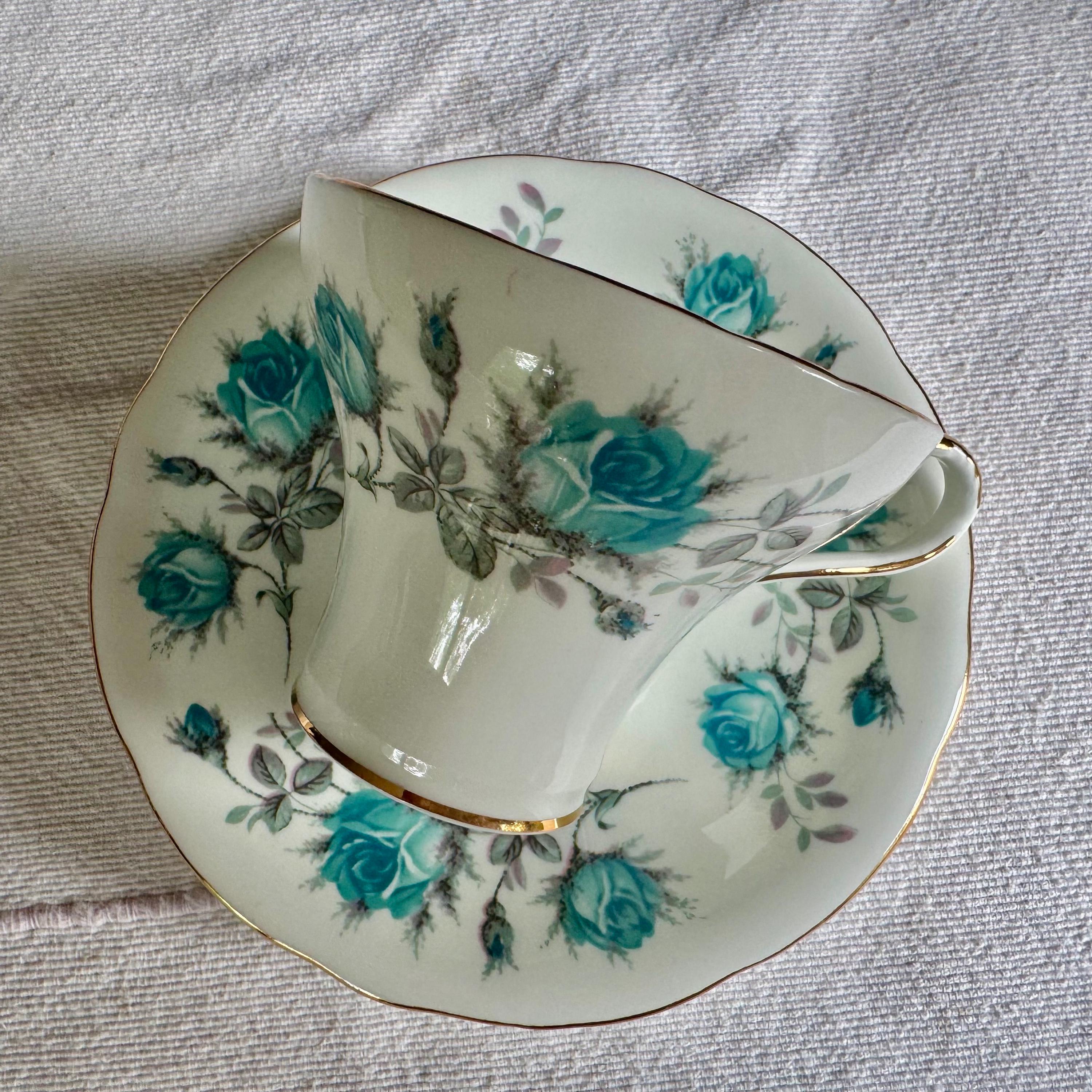 Aynsley Bone China Corset Teacup and Saucer – (2294 Blue Roses) – Made in England