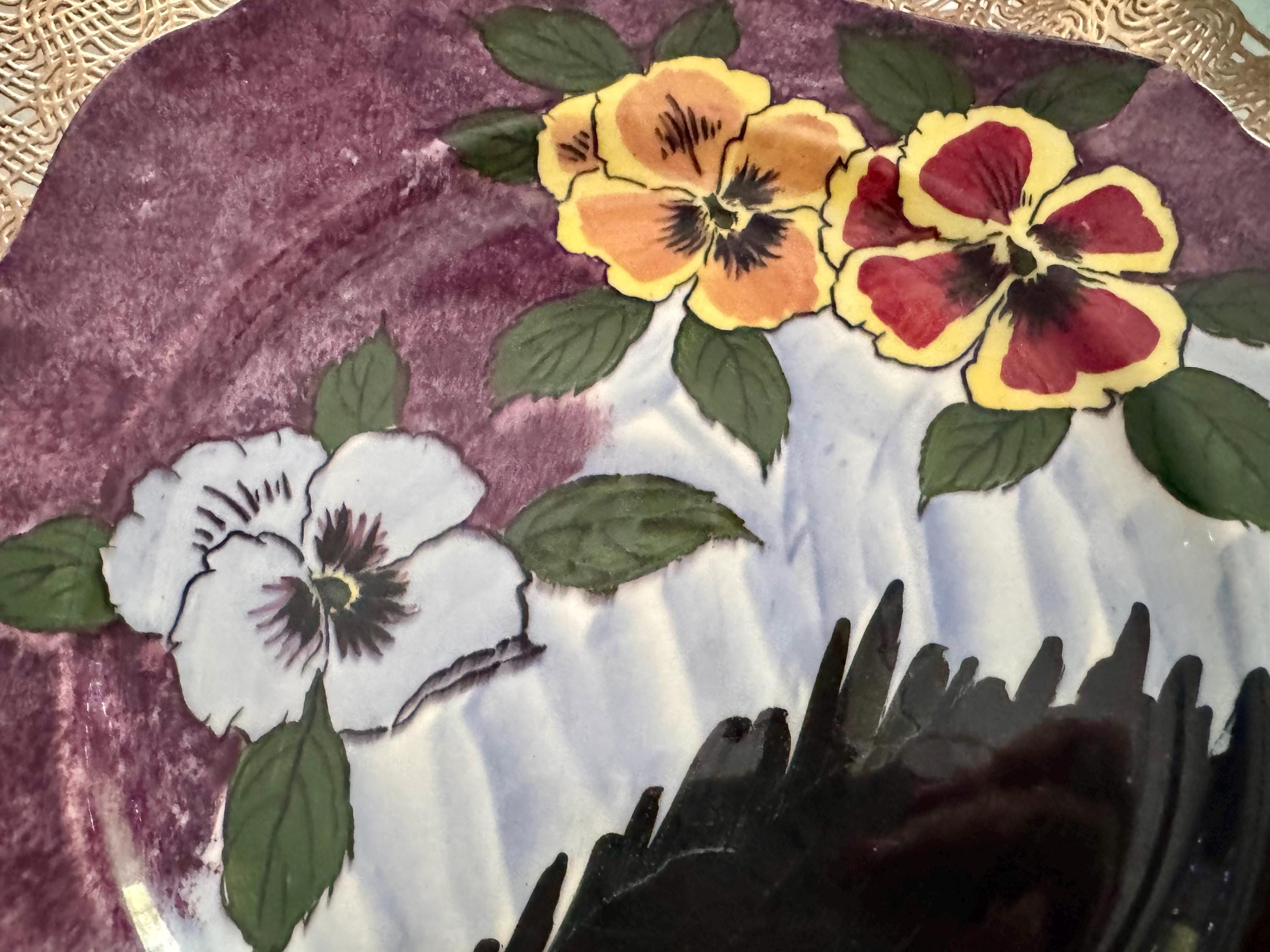 Vintage “Panola” Plate by HK Tunstall – 1930s–40s England – 8” – Maroon Floral Art Deco