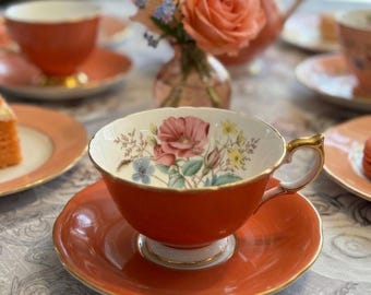 Vintage Aynsley Orange Teacup & Saucer – Pristine Floral Interior, Gold Trim Bone China England