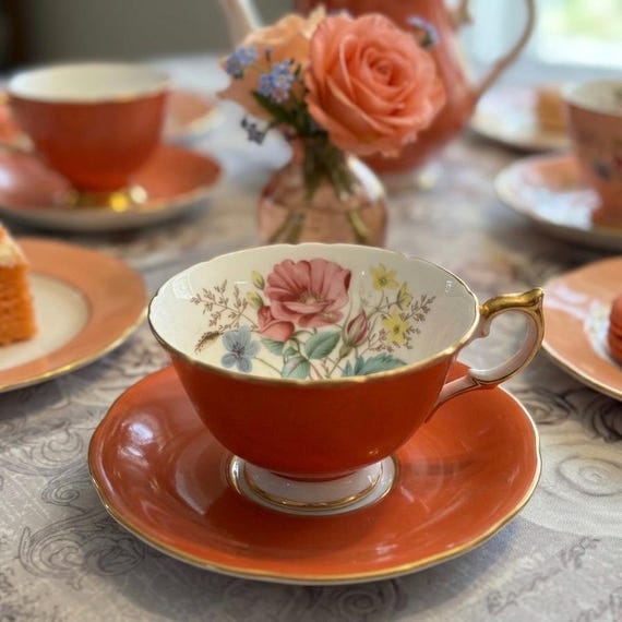 Vintage Aynsley Orange Teacup & Saucer – Pristine Floral Interior, Gold Trim Bone China England