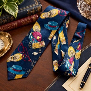 May include: A dark blue necktie featuring a repeating pattern of yellow shoes, blue hats with red bands, magenta eyeglasses, and gold-colored electrical plugs. The tie has a smooth, satin-like finish and displays a variety of colorful, whimsical icons.