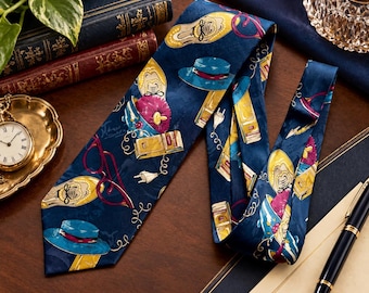 May include: A dark blue necktie featuring a repeating pattern of yellow shoes, blue hats with red bands, magenta eyeglasses, and gold-colored electrical plugs. The tie has a smooth, satin-like finish and displays a variety of colorful, whimsical icons.