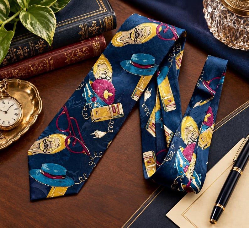Pu&ograve; includere: Una cravatta blu scuro con un motivo ripetuto di scarpe gialle, cappelli blu con fascia rossa, occhiali magenta e spine elettriche dorate. La cravatta ha una finitura liscia e satinata e presenta una variet&agrave; di icone colorate e dettagliate.