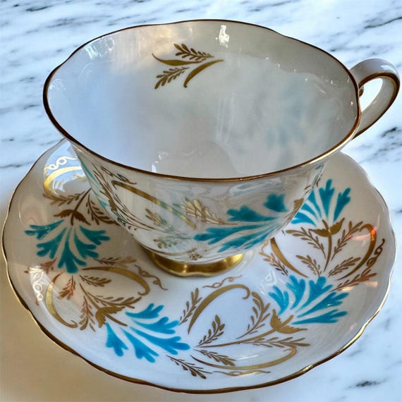 Vintage Royal Chelsea Bone China Teacup & Saucer – Pattern 4983A, Hand Decorated Turquoise Gold