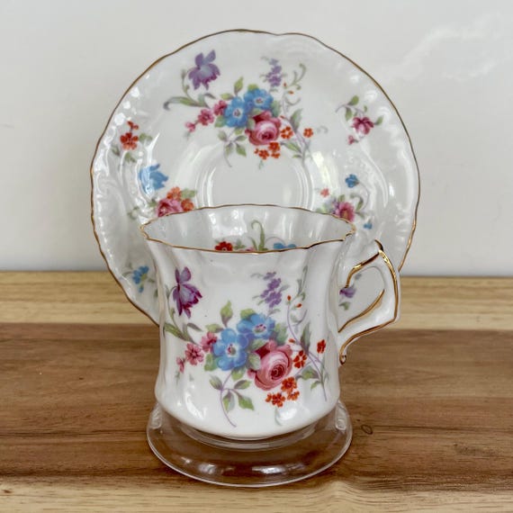 Vintage Hammersley Bone China Teacup & Saucer – 6072 – Pink, Blue, Purple Floral – England