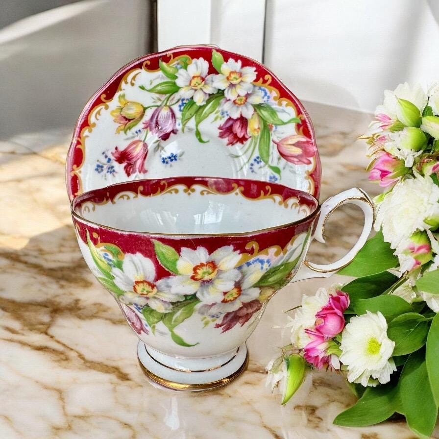 Vintage Bell Fine Bone China Teacup Set: Narcissus Floral, Antique Silverplate Spoon