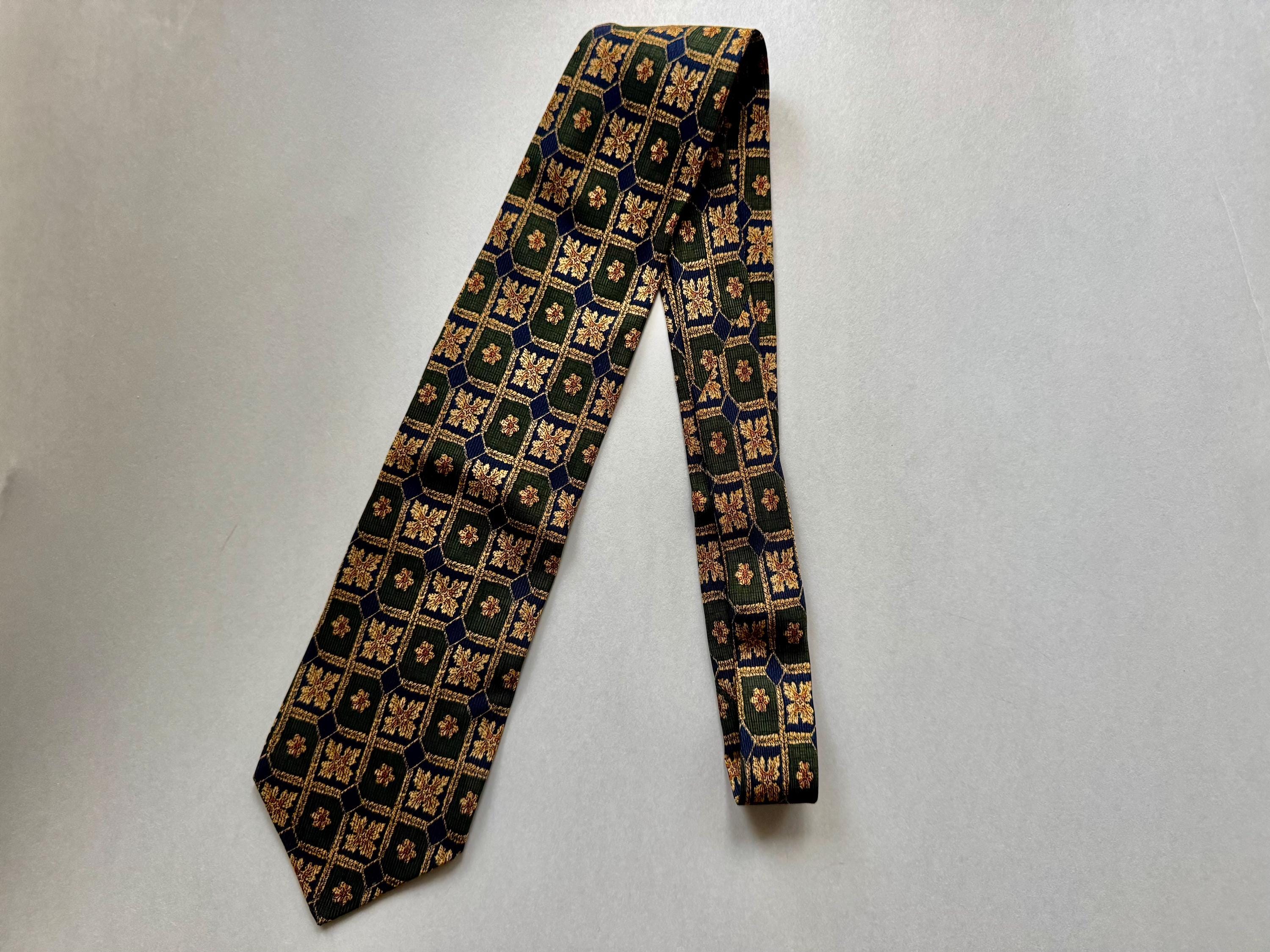 Vintage Dorméuil 100% Silk Tie — Paris London — Navy Green Gold Geometric Pattern — Made in Italy