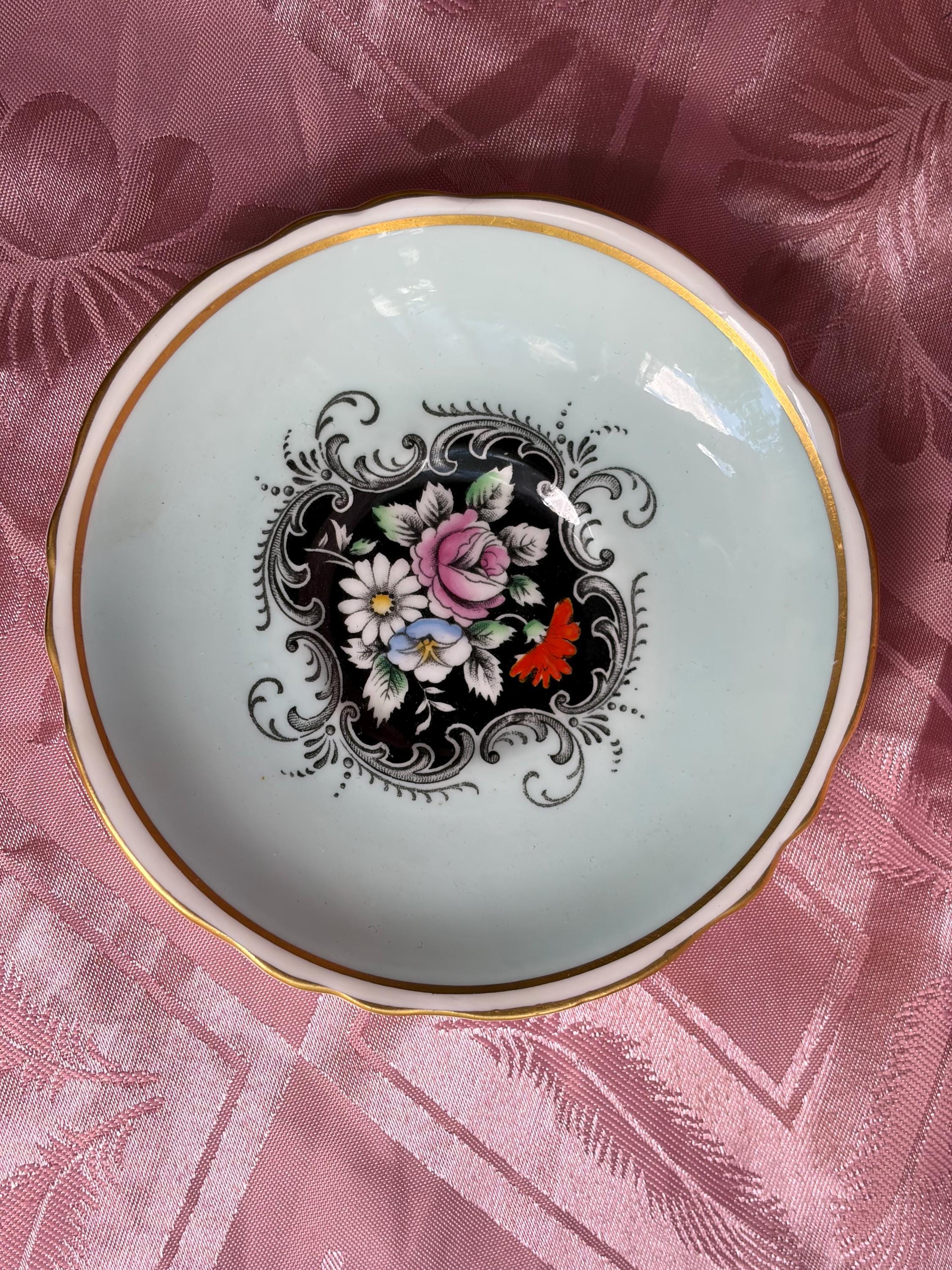 Vintage Paragon Teacup Saucer – Pale Aqua Floral Medallion Gold Trim Bone China